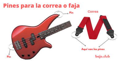 Partes del bajo: Pines en los que se coloca la correa a o faja del bajo eléctrico. Imagen de un bajo en donde se muestran los pines y de una faja en la que ve las ranuras para colocar los pines.