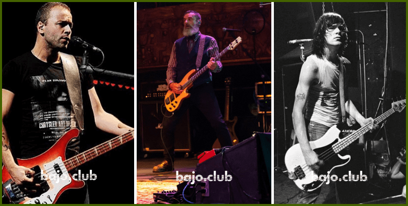 Bajistas que tocan con púa. En la imagen: Chris Wolstenholme de Muse, Justin Cancellor de Tool y Dee Dee Ramone de The Ramones.